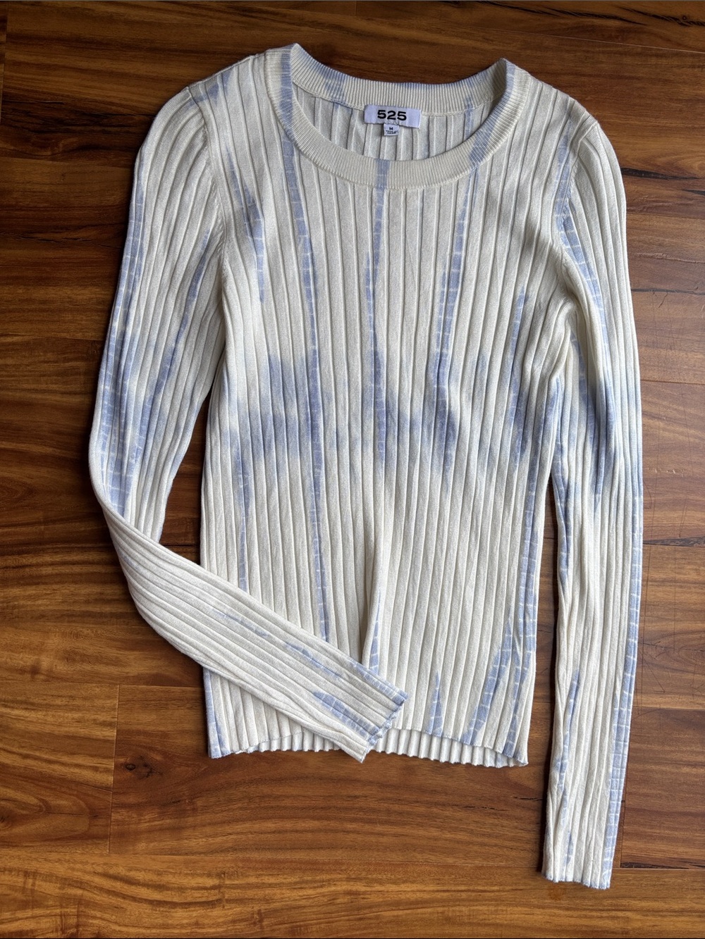 525 America Cream Ribbed Long Sleeve Tee with Light Blue Tie-Dye Accents